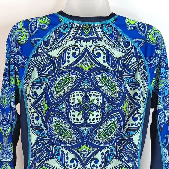ATHLETA Runaway Blue Green Paisley Print Medium UPF Athletic Long Sleeve Shirt - Picture 9 of 15